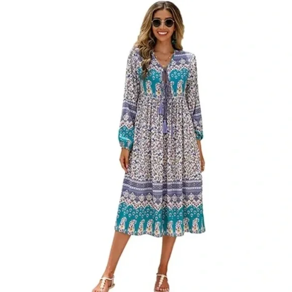 R.Vivimos | Boho Long Sleeve Floral Print Retro V Neck Tassel Midi Dress small - Picture 9 of 9